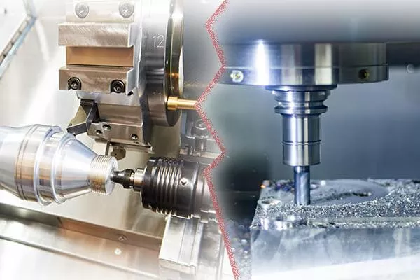CNC Turning Explained: Process, Machines, Materials, Applications & Design Guide 3 A side-by-side comparison of CNC turning and CNC milling processes, showing a CNC lathe machining cylindrical components and a CNC milling machine producing complex-shaped parts. The image highlights the differences between rotating workpiece turning operations and multi-axis cutting operations used for precision metal part manufacturing.
