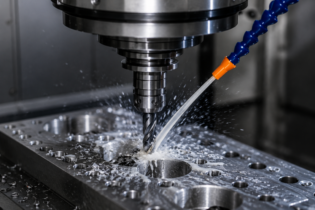 What is CNC Drilling? 1 A CNC machine is drilling metal material, with lubricant being applied during the process.