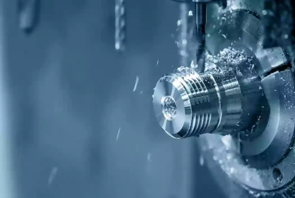 Understanding CNC Swiss Machining: Core Principles, Process Boundaries, and Design Specifications 2 Multi-Axis Simultaneous Machining Action. A close-up view of a CNC Swiss enclosure showing multiple live tools simultaneously engaging a micro-component under high-pressure coolant, capturing the high-speed, single-setup cutting action