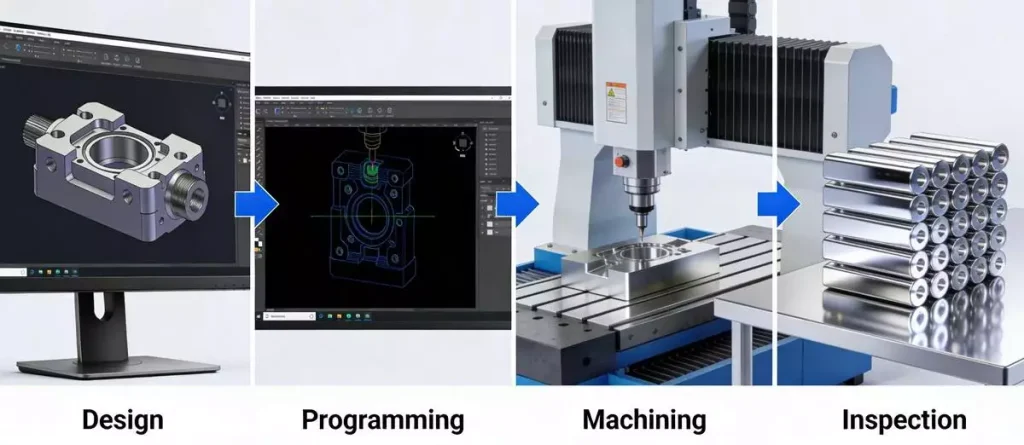 CNC Machining Lead Times: How long CNC machining actually takes and how to shorten delivery times 1 A CNC machining production workflow showing the process from raw material preparation and machining to finished precision components. The image represents typical CNC machining lead times, including rapid prototyping, low-volume production, and full-scale manufacturing stages.
