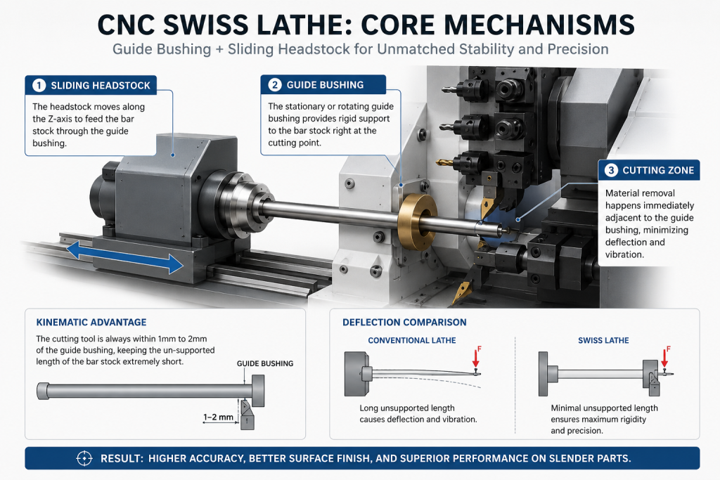 Understanding CNC Swiss Machining: Core Principles, Process Boundaries, and Design Specifications 1 Positioned at the heart of the machining zone, the guide bushing acts as a rigid fluid-bearing support. Because the material is supported mere millimeters away from the cutting tool, workpiece deflection is mathematically minimized to near-zero.