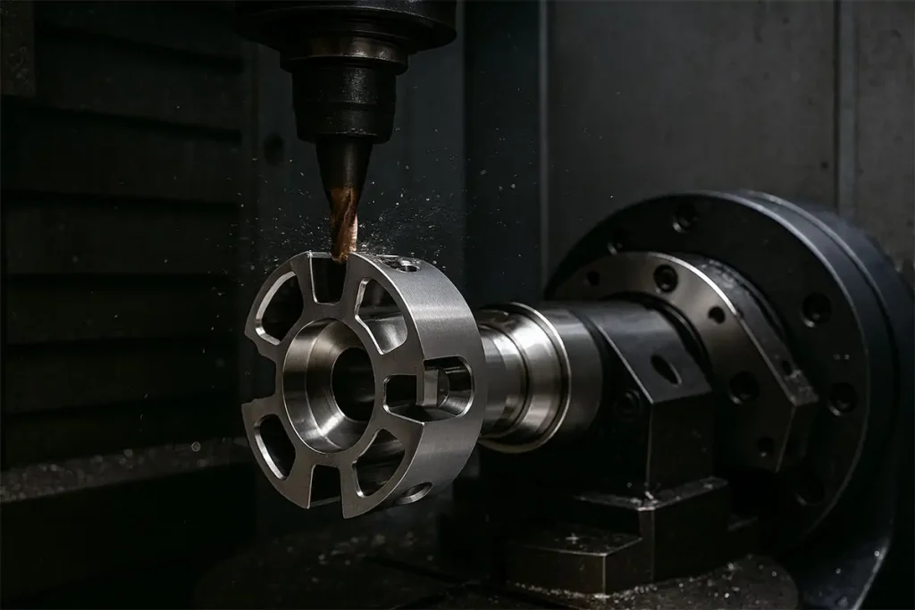 Everything You Need to Know About 4-Axis CNC Machining 1 4-axis CNC machining process showing a CNC machine cutting a precision component with rotary-axis control for multi-side machining.