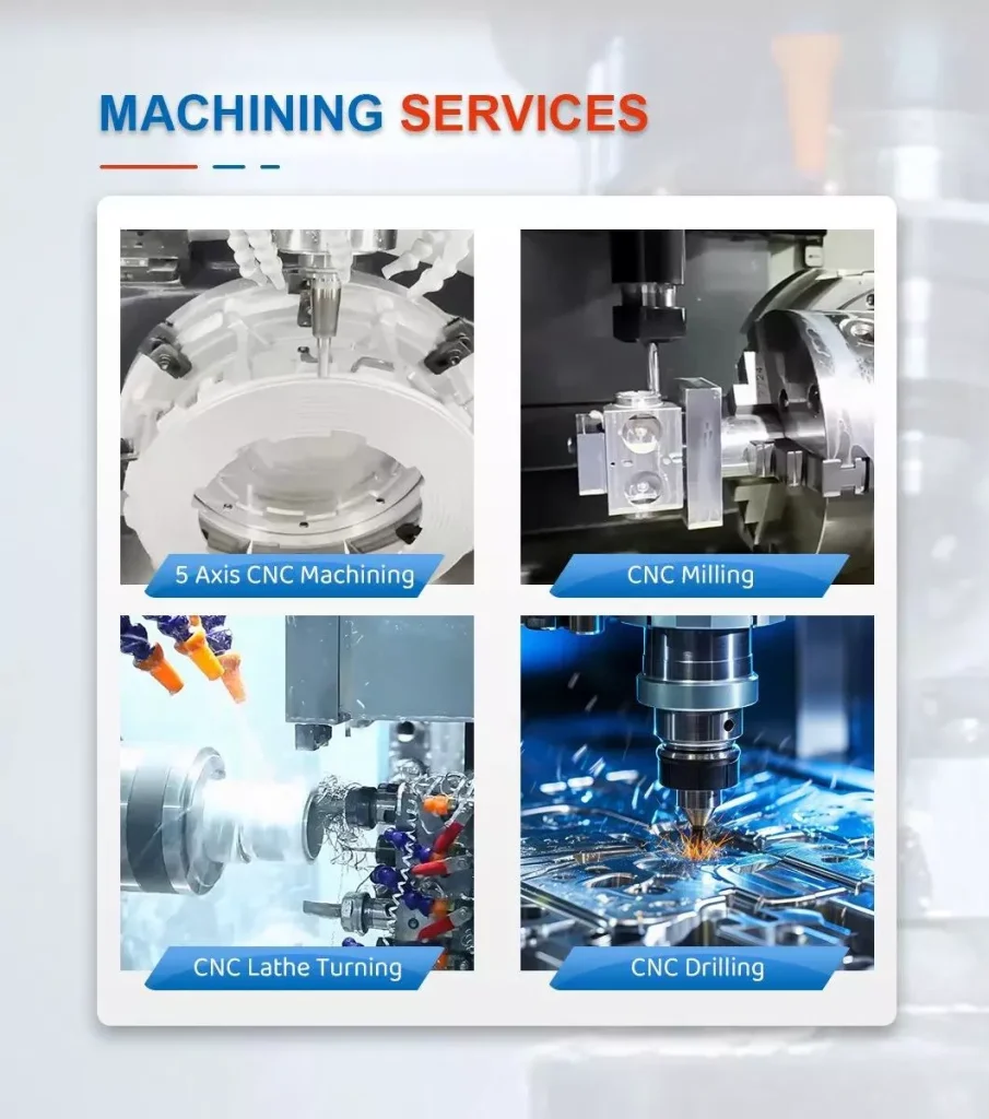 CNC Machining Materials: Types, Properties, Applications & Selection Guide 3 CNC machining materials used with different machining processes including milling, turning, Swiss machining, and 5-axis machining