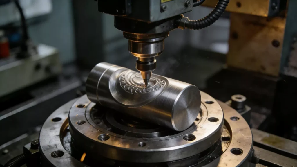 CNC Rotary Engraving: Process, Materials, Benefits, and Industrial Applications 1 A CNC rotary engraving machine using a rotating cutting tool to engrave a metal surface. The image shows the cutter directly contacting the workpiece and removing material to create precise grooves and permanent markings.