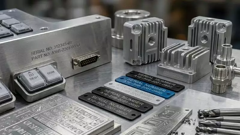 CNC Rotary Engraving: Process, Materials, Benefits, and Industrial Applications 3 Precision machined metal components featuring engraved serial numbers, logos, and identification markings. The image demonstrates real-world applications of rotary engraving for industrial traceability and permanent part identification.