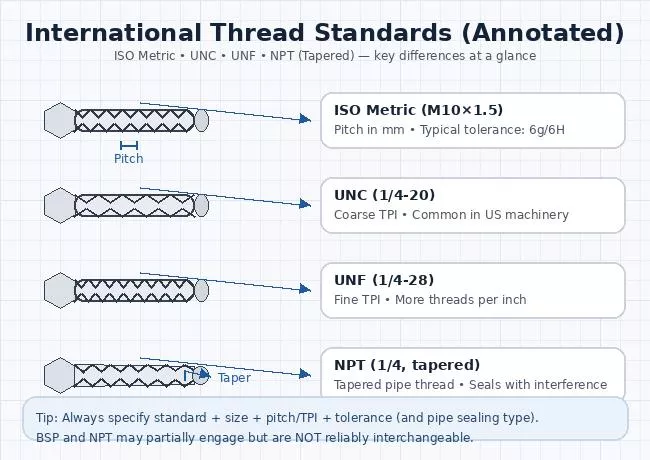 How to Measure Thread Size? 4 Comparison of metric threads, UNC, and UNF thread standards showing differences in diameter, pitch, and threads per inch.