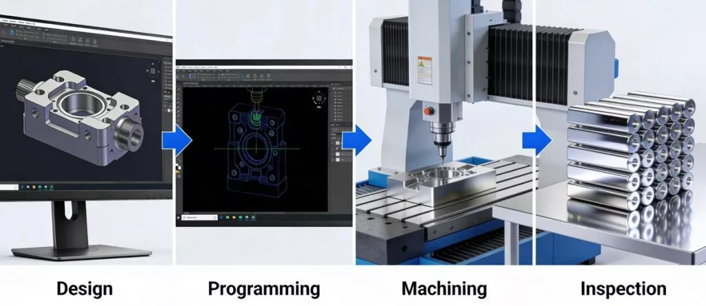 How to Design Parts for CNC Machining: Complete DFM Guidelines for Engineers 1 CNC machining design workflow showing the transition from CAD model to CNC machined finished part, including engineering design, machining process, and final component inspection.