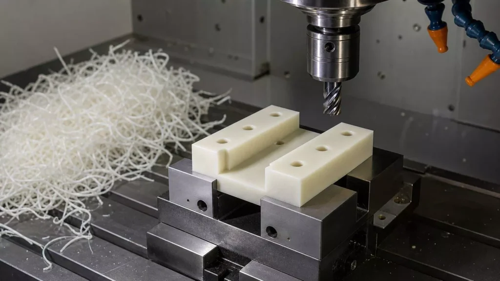 What Plastics Can Be CNC Machined? 2 Plastic CNC machining showing chip formation and heat control challenges during material removal