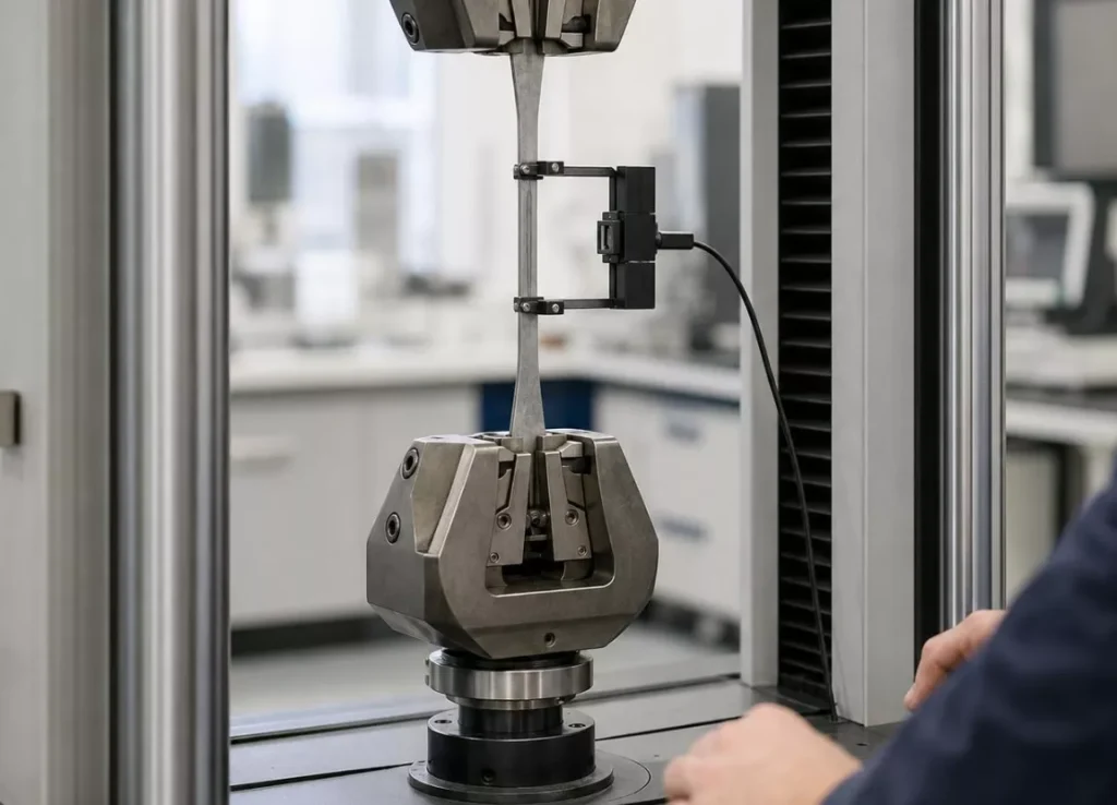 CNC Material Properties: Key Characteristics for CNC Machining 1 A tensile testing machine evaluates the mechanical behavior of metal materials, helping determine properties such as tensile strength and deformation resistance.