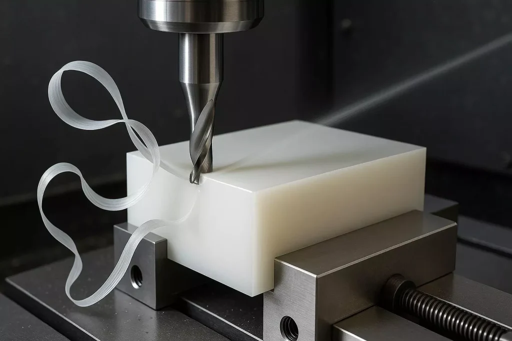What Plastics Can Be CNC Machined? 1 CNC milling of a plastic workpiece showing cutting tool engagement and plastic chip removal