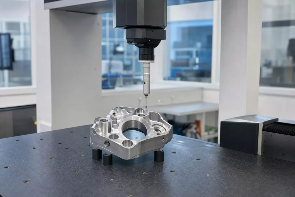 CNC Metal Materials: Types, Properties, Applications & Machining Overview 3 A precision CNC-machined metal component undergoing dimensional inspection with a coordinate measuring machine, supported by precision gauges and measurement equipment for quality control.