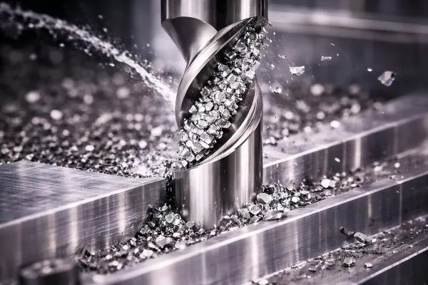 How to Set CNC Machining Parameters for Different Materials? 2 Close-up view of a high-speed rotating cutting tool machining a part.