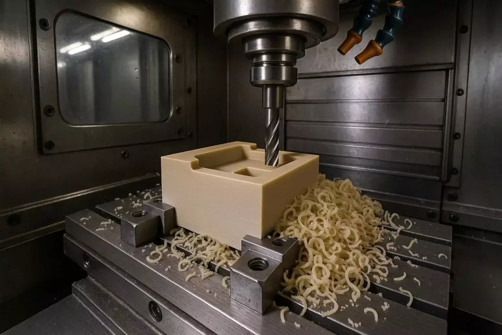 How Do CNC Machining Materials Affect Machining Costs? 3 Displaying a PEEK blank alongside machining chips highlights the real-world machining context of this high-performance plastic.