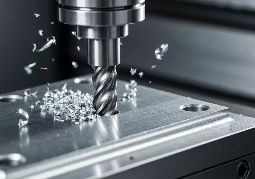 How to Set CNC Machining Parameters for Different Materials? 1 By showcasing a realistic machining scenario—featuring a milling cutter cutting metal and metal chips flying—the relationship between CNC machining parameters and the cutting process is directly demonstrated.
